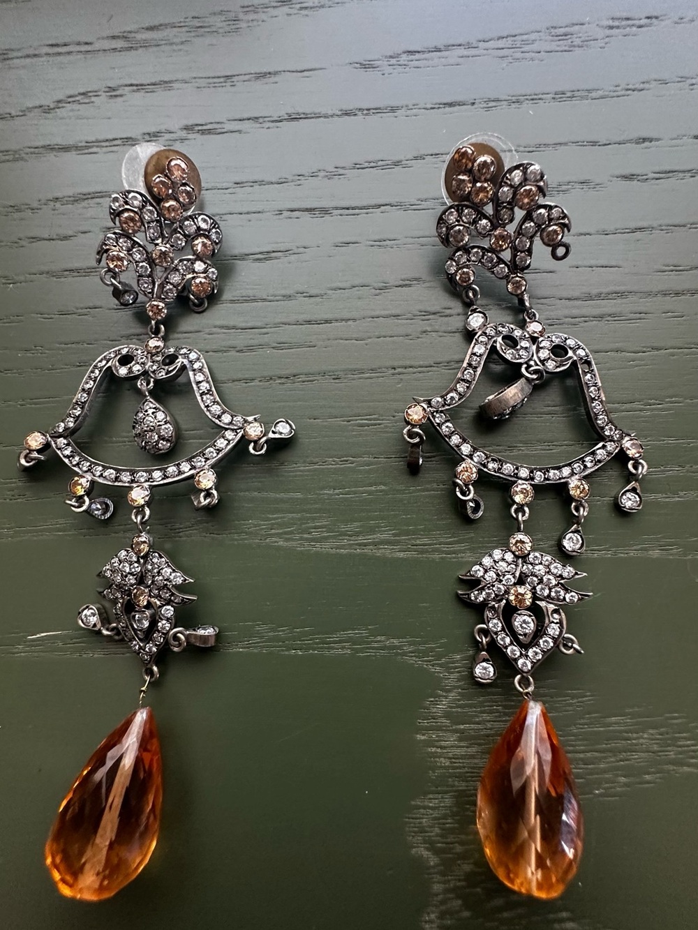 Antique-Style Drop Earrings with Amber colored Teardrops